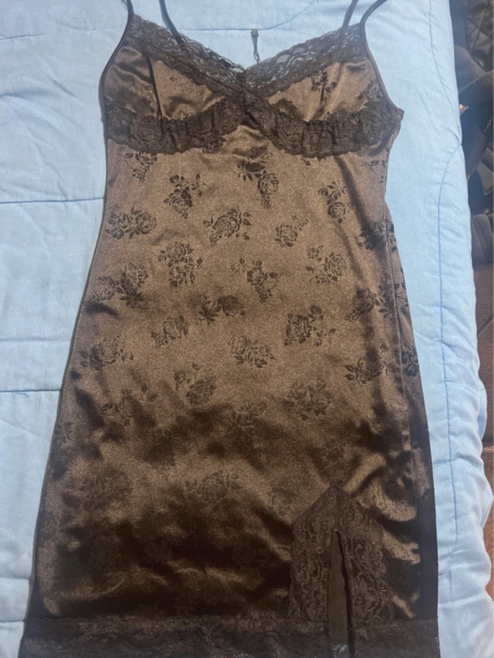 Motel Black Satin Floral Lace Babydoll / Slip